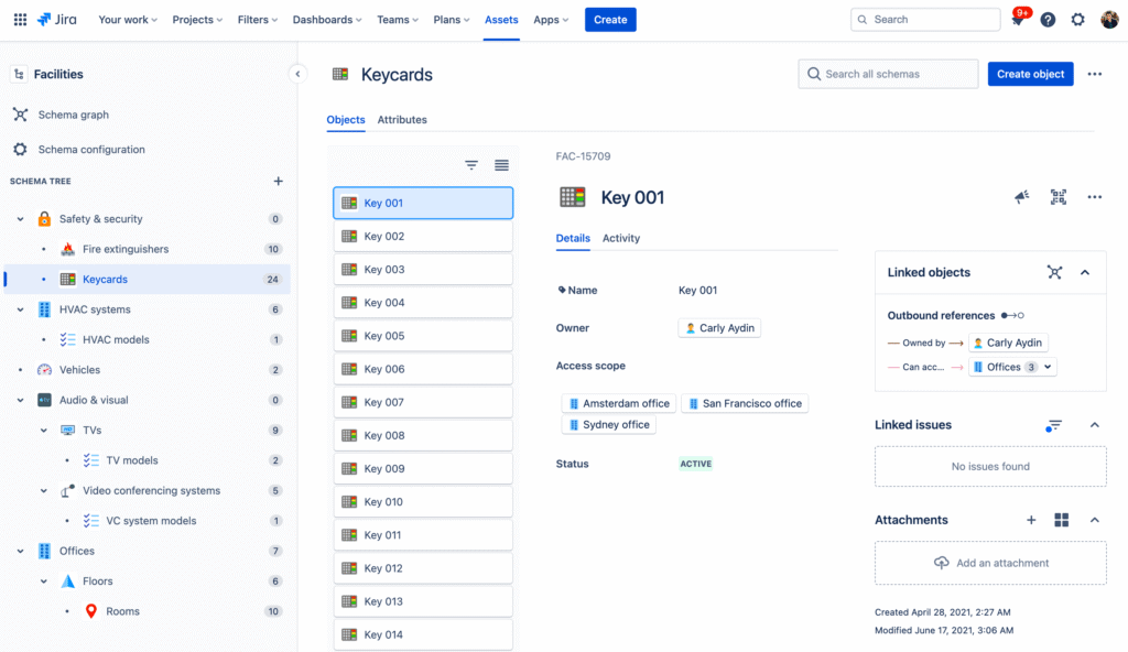 Esquema de Assets en Jira Service Management para gestionar instalaciones y recursos de Servicios Generales.